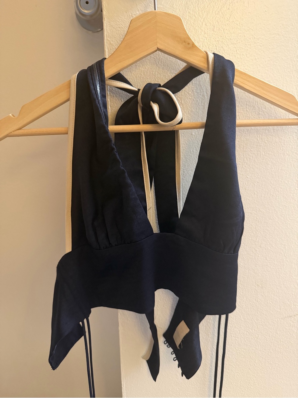 Meshki navy halter crop top with contrast trim